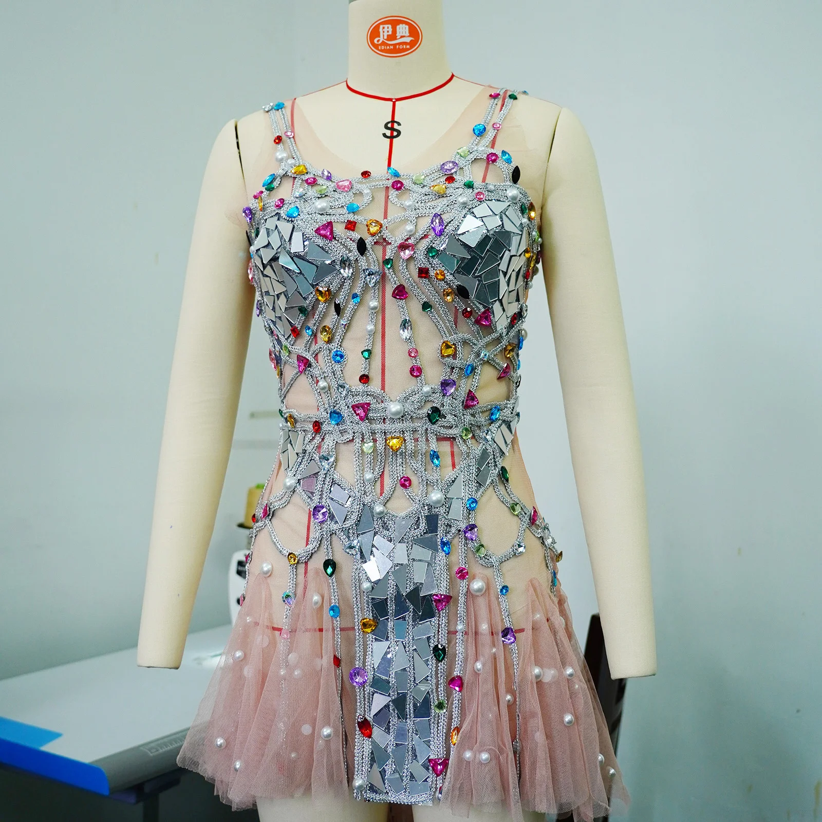 Women Pink Nude Sexy Mini Dress Mirror Rhinestone Pearl Sequin Spaghetti Strap Tulle Stage Showgirl Party Nightclub Drag Queen