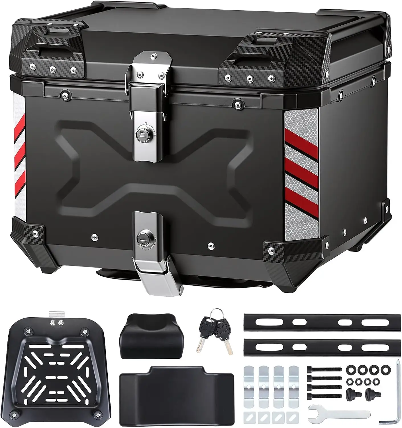 KEMIMOTO Motorcycle Top Case 46L, Universal Aluminum Alloy Motorbike Trunk with Lining, Waterproof Detachable Motorcycle Top Box with Lock & Back Cushion (Black)