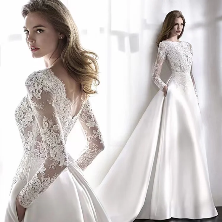 

Wedding Dress Satin Lace Slim Fashion Bride Long Sleeve Backless Tail Wedding Dress Beach Wedding Gown vestidos de novia