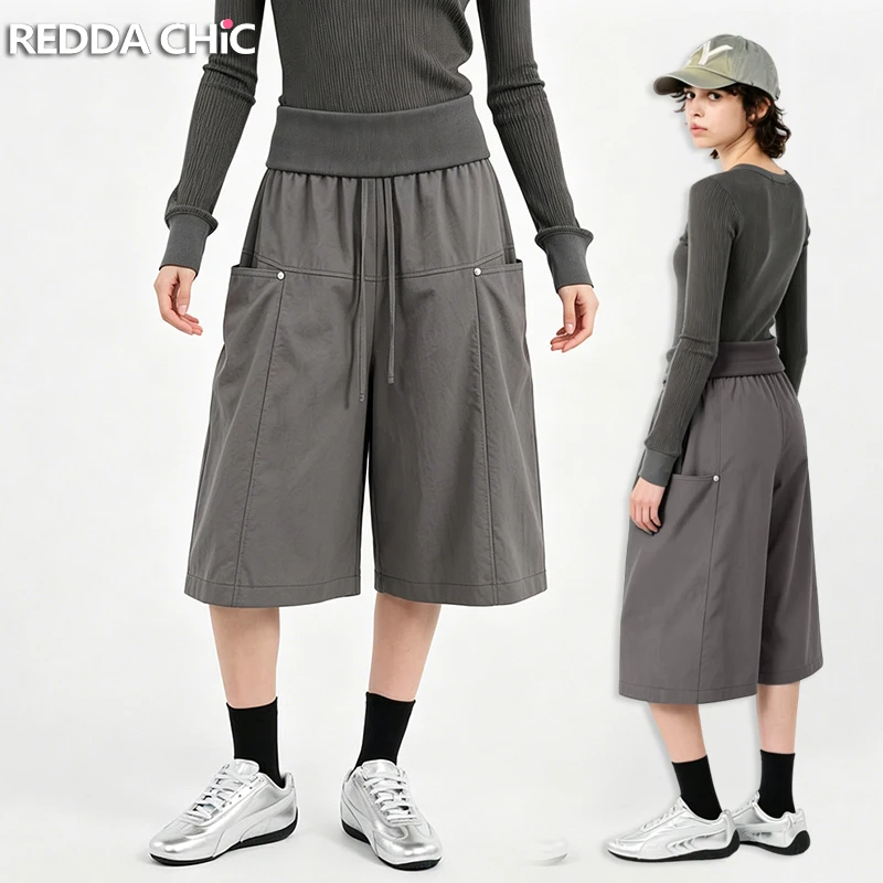 REDDACHiC Ribbed Fold Over Women's Cargo Shorts Grunge Knit Stitch Drawstring Baggy Low Rise Bermuda Pants Summer Acubi Fashion