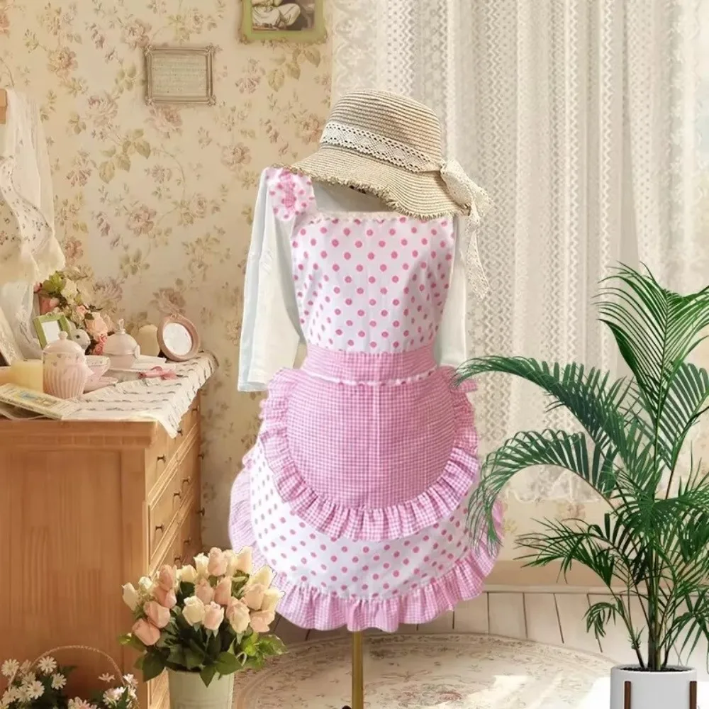 Polka Dot Pattern Kitchen Apron Gingham Pattern Ruffle Trim Maid Cosplay Outfit Adjustable Neck Strap With Matching Headscarf