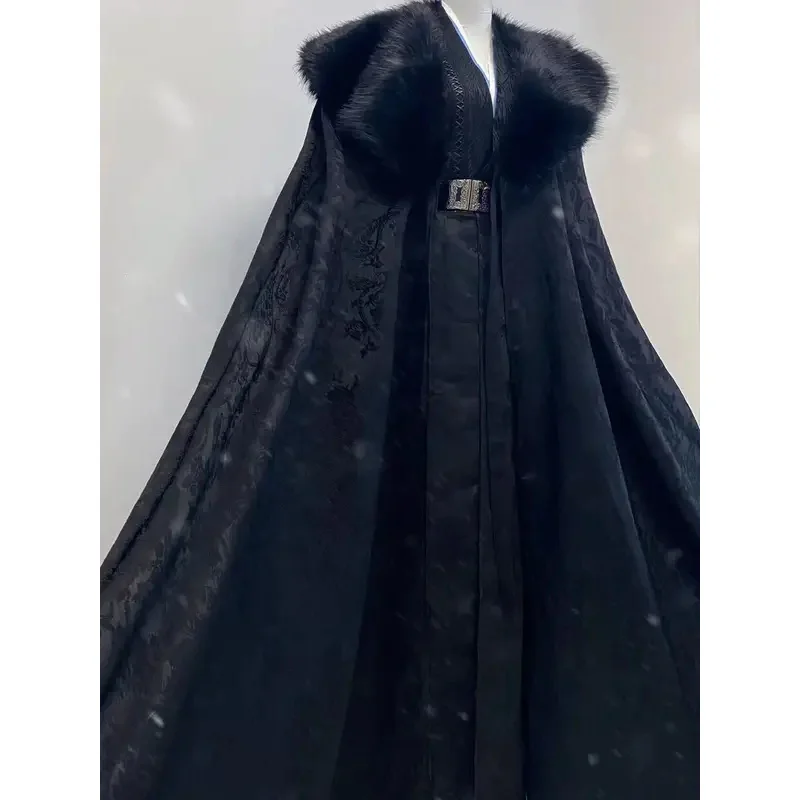 

25COSHanfu Cloak Men's Winter Thick Warm New Style Big Fur Collar Cloak Black National Style Versatile Cosplay Suit Martial Arts