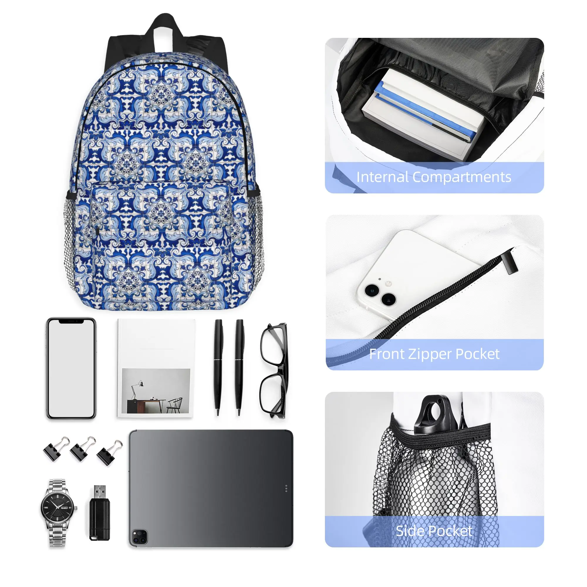 Antique Lisbon Blue Azulejo Tile Floral Pattern Backpack Hot Sale Daypack Boy Girl BookBag Shoulder Bag for Men Women School Bag