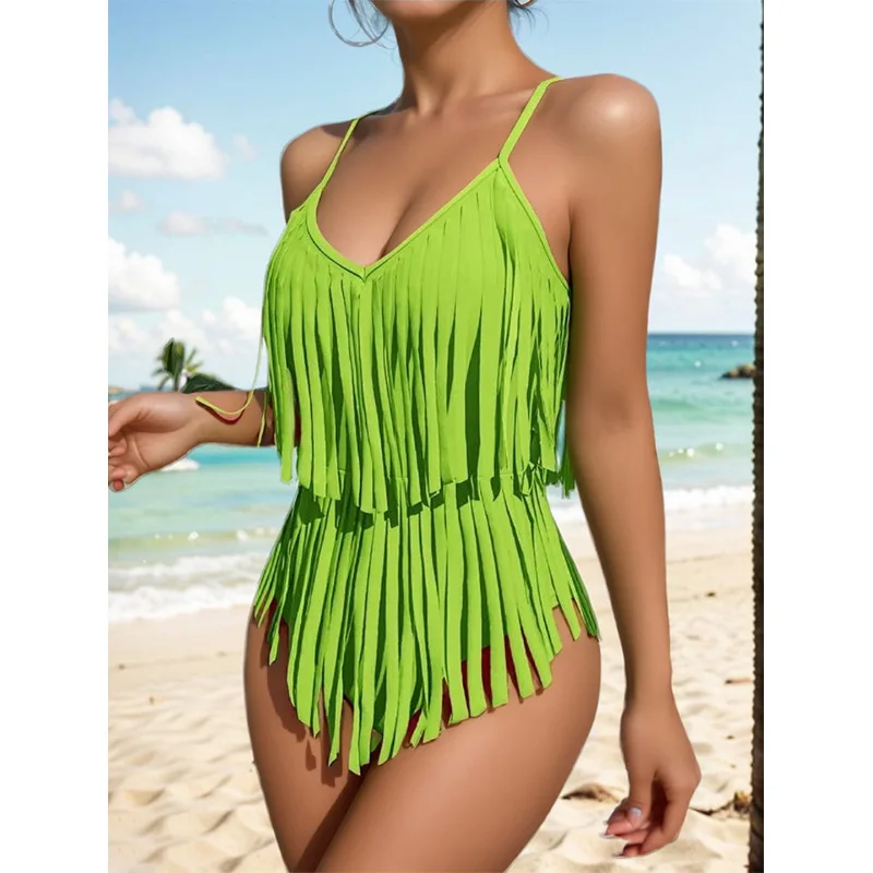 Hot Selling Women One Piece Swimsuit Tassels Design Eight Colors Available Sexy Swimwear Spaghetti Strap Lady Bathing Suits