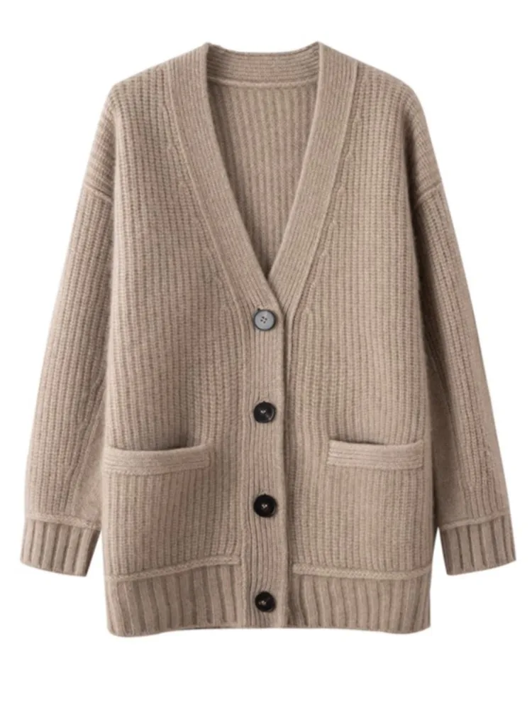 Cardigan da donna con scollo a V lavorato a maglia maglione Casual monopetto allentato manica lunga con cappotto tascabile moda coreana autunno inverno