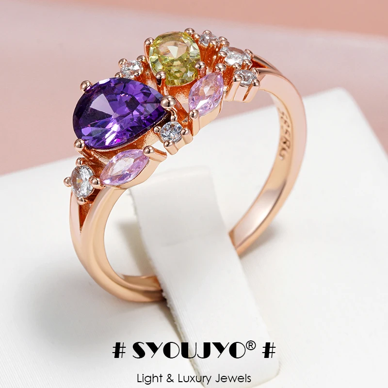 SYOUJYO Multicolored Natural Zircon Luxury Ring For Women 585 Rose Gold Color Party Fine Trendy Jewelry
