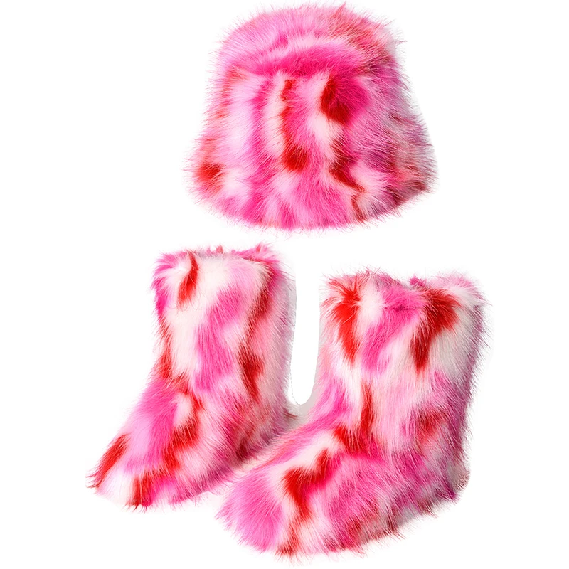 2023 Winter Faux Fur Thickened Fisherman Hat Boots Set Women Plush Furry Colorful Warm Snow Boots Outdoor Windbreak Cozy Boots