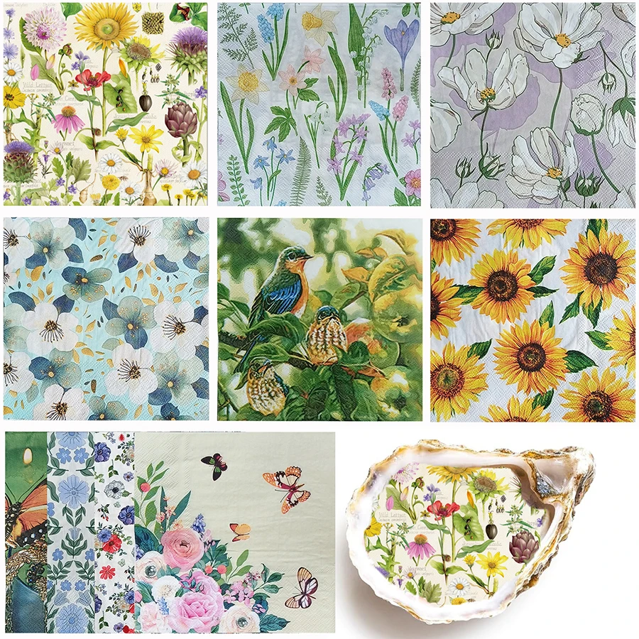 Serviettes en papier à 2 plis, 20 pièces, motif floral, imprimé tournesol, oiseau, papillon, jetables, pour bricolage, artisanat, serviette de Table de mariage