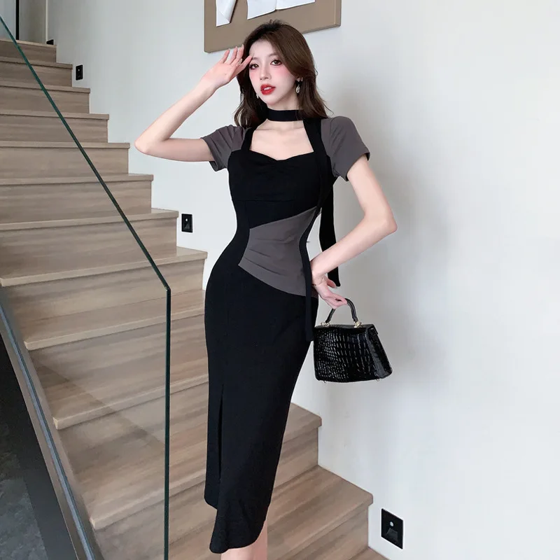 

Women's color blocking, niche design, slim fit, hip hugging dress for women birthday dress for women bodycon dress