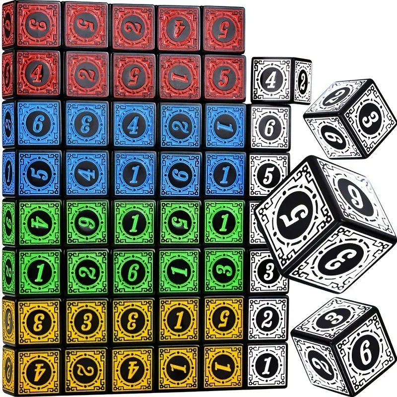 10pcs 6-sided retro patterned number dice in bold colors for board games, drinking games, liar dice, DND dice, tabletop games