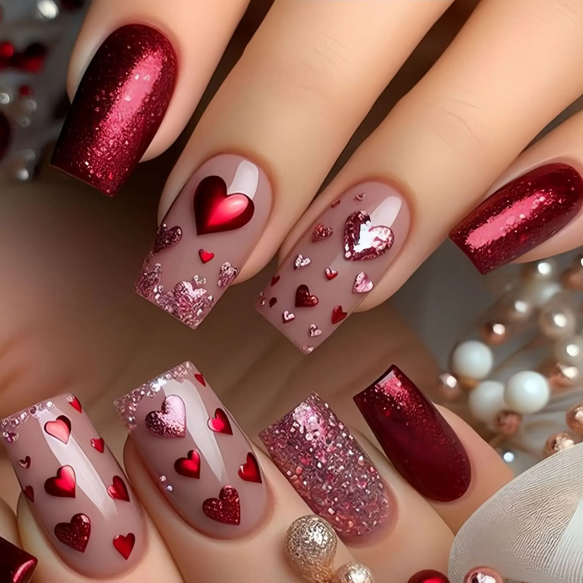 24 Stück/Set künstliche Nägel für Frauen und Mädchen, Farbverlauf, rot, rosa, funkelndes Glitzer-Herz-Design für Valentinstag, zum Aufdrücken falscher Nägel