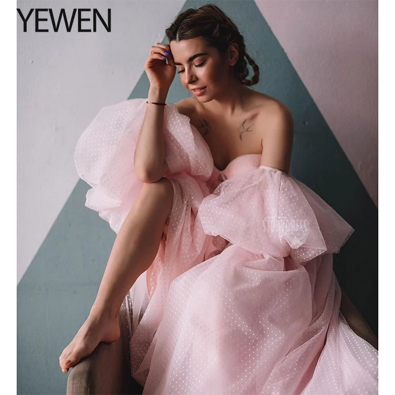 Plus Size Wedding Dress Pink Photograghy Dress Dot Tulle Strapless Removeble Sleeves Sweetheart Sexy YEWEN