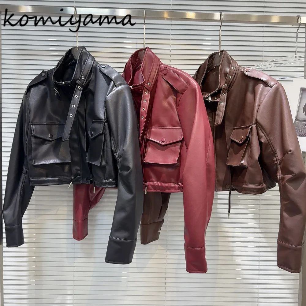 

Горячие девушки Chaquetas De Mujer, карман-карго, куртка 2024, женские куртки на шнурке, воротник-стойка, Casaco, верхняя одежда из искусственной кожи
