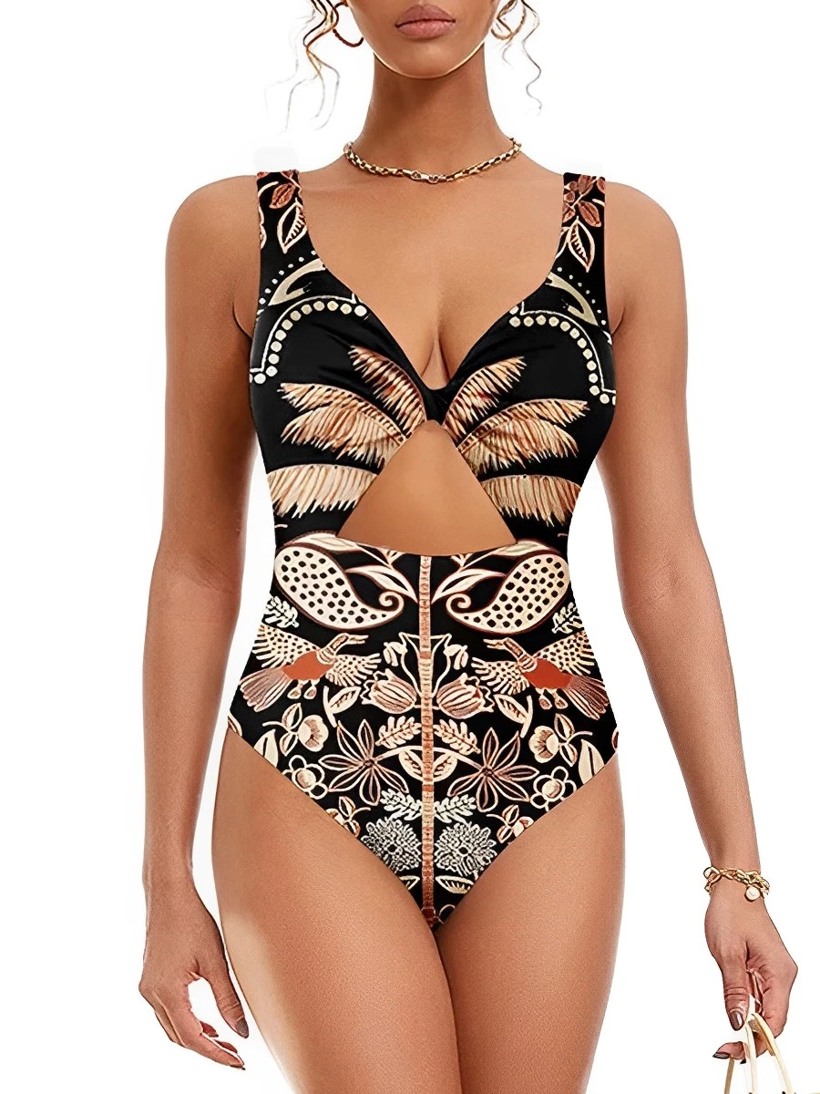 

2024 Hollow Out Print Swimsuit Women One Piece V Neck Swimwear Female Beachwear Bathers Bathing Swimming Swim Suit