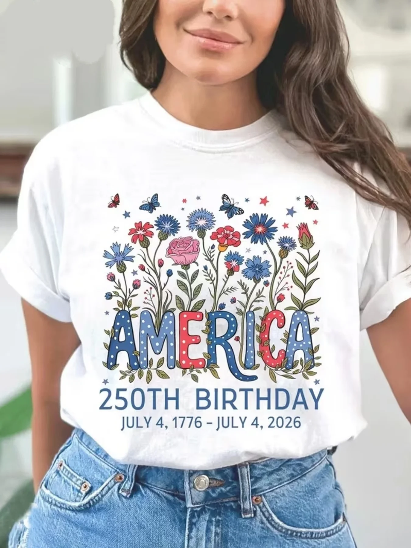 America 250th Birthday Women's Tee - Patriotic Floral Graphic, Casual White Top