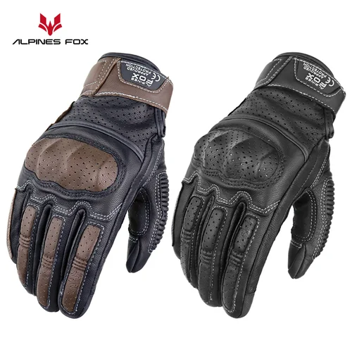 Imagen 1 del producto Guantes de motocicleta Vintage de cuero genuino, guantes de carreras de carretera, engranajes de protección Retro para hombres, pantalla táctil aprobada por la CE