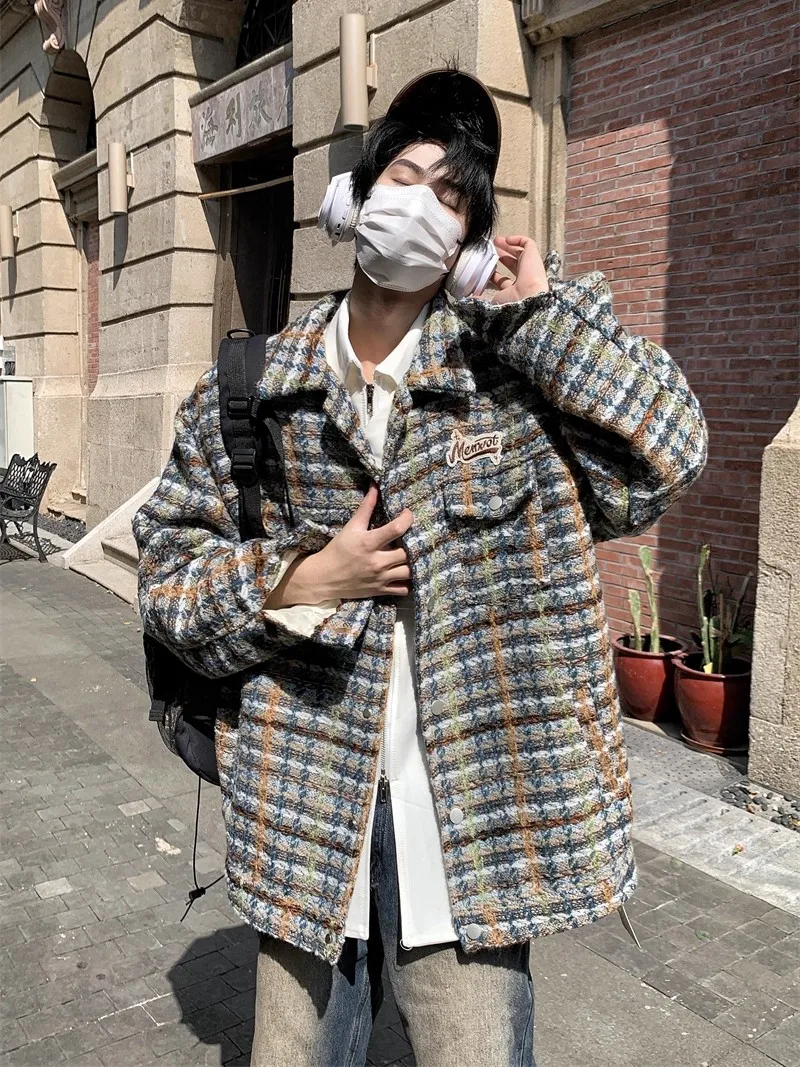 

Retro American Chic Plaid Contrast Color Embroidery Jaet Loose Casual ex Lazy Sle Outerwear for Men And Women