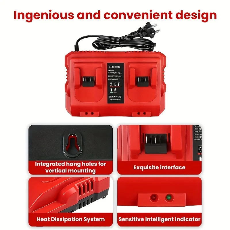 HAKSINKY Dual-Slot Rapid Charger 18V Lithium Battery Rapid Charger Power Charging Station for Milwaukee 18V Lithium Batteries