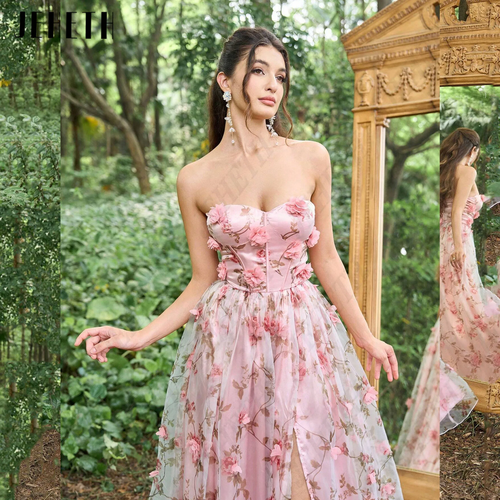 JEHETH Flowers Long Prom Party Dress Side Split Lace Evening Gowns Strapless Floral Print A-Line Floor Length vestidos de gala