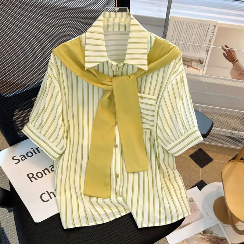 Summer Short Sleeve Striped Fake Two Pieces Shirts Women Clothing Vintage Casual Single Breasted Shawl Tops