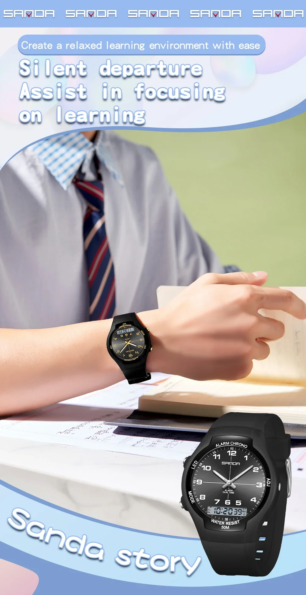 SANDA 6320 Neue Sportliche Wasserdichte Damenuhr Digitale Nachtlicht-Weckuhr für Männer und Frauen, Studentenuhr – Detail 5