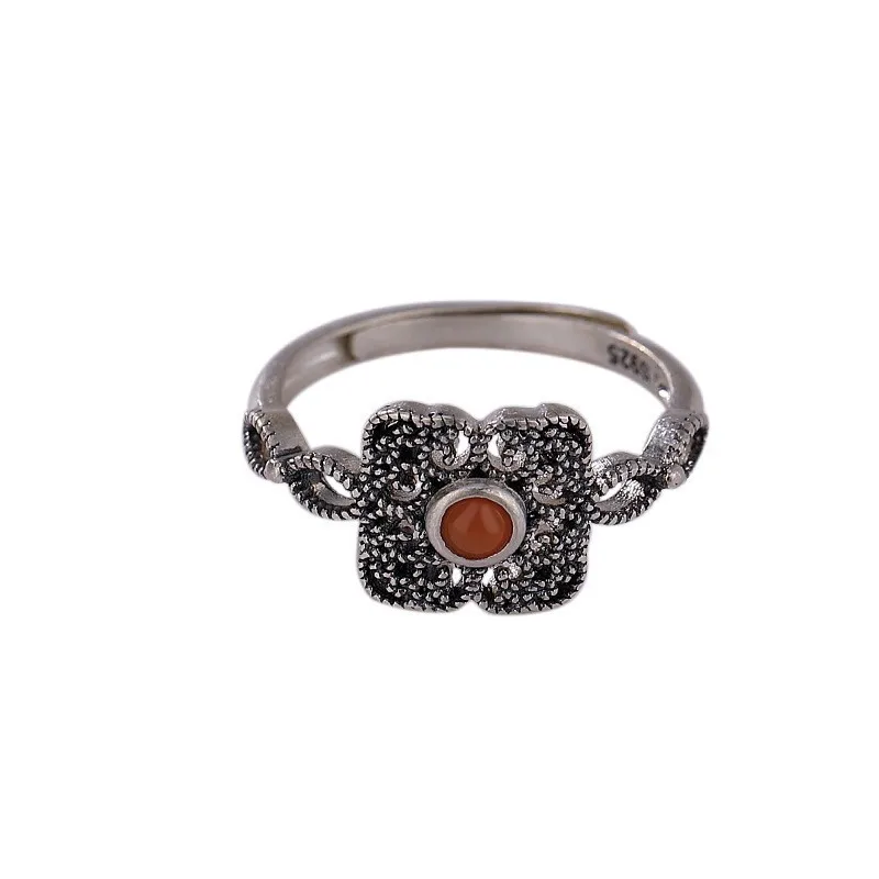 925 Sterling Silver Jewelry Vintage Hollow Square Pattern Natural Agate Finger Rings for Women Men Wedding Party Jewelery Gift