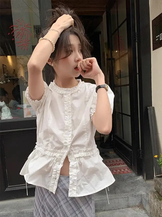 Shirt White Fungus Edge Drawstring Women Short Sleeve Slimming Waist Shirts Feminina Ladies Cropped Tops Korean Fashion Chic New