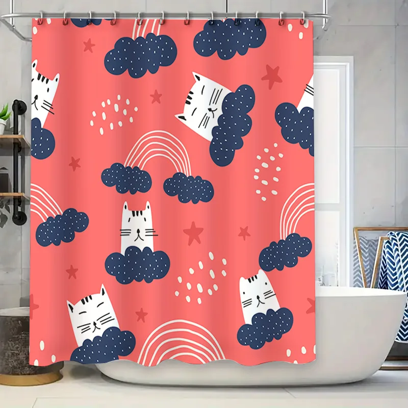 

Cute Cats Shower Curtain with Rainbows Waterproof Fabric Print for Home Bath Decor Pink Blue Colorful Design by TaurusDuan