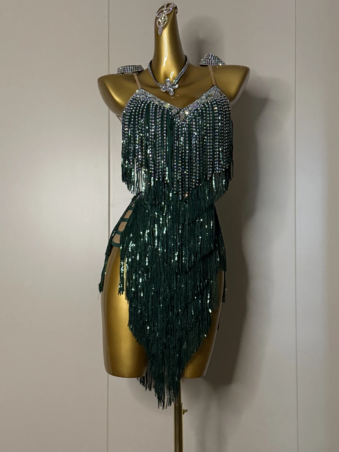 Latein-Tänzer, Erwachsene, Kinder, Hochwertiges Maßgeschneidertes Pailletten-Quastenkleid, Schwarzes Pool AB Stone Übungs- und Wettkampfkleid