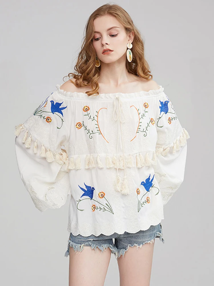 KHALEE YOSE Boho Off-shoulder Top Blouse Sexy Vintage Floral Embroidery Shirt Hollow Out Tassel Chic Tops Loose Women Blouses