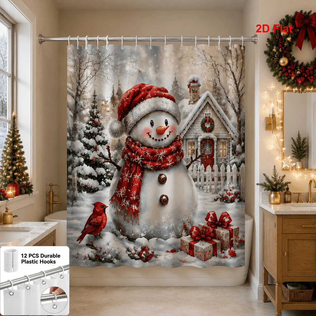 2D Flat, 2D Flat, Christmas Snowman Bathroom Shower Curtain Winter Cabin Decorative Bath Curtain with Red Scarf And Cardinal Sce