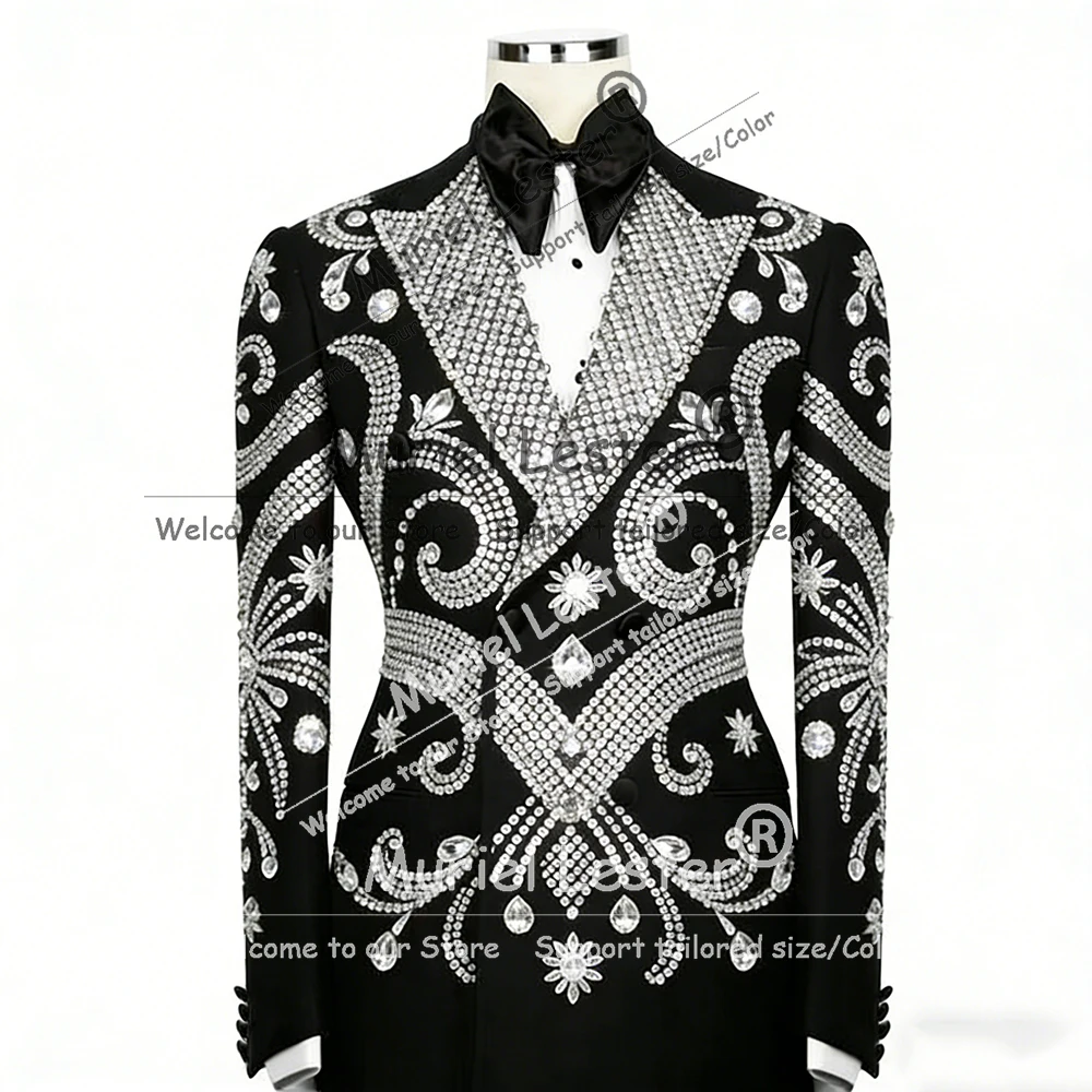 

Glittering Diamond Beded Stones Suits Men 2 Piece Double Breasted Groom Party Prom Blazers Customized Man Wedding Tuxedos Attire