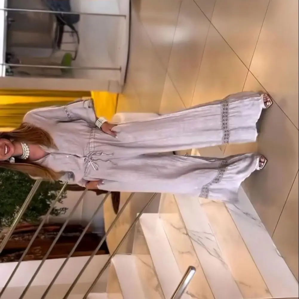 

2025 Women's Wide Leg Jumpsuits Button Up V-neck 3/4 Ruffle Sleeves Romper Drawstring Overall One-piece Summer Casual Jumpsuits