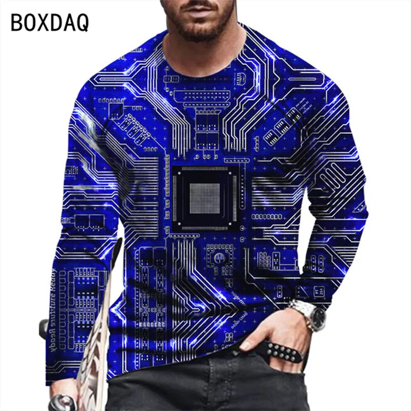 3D Electronic Chip Pattern T Shirt 6XL Oversized Cool Circuit Board Print Tee Men Autumn Long Sleeve Harajuku All-match T-Shirts