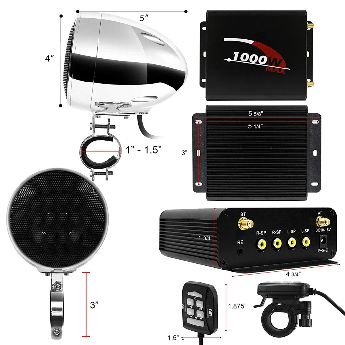 1000W Amplifier 4 Speakers Motorcycle Audio ATV UTV Boat Bluetooth Stereo System with USB, AUX, FM Radio, SD Card, Wired Control