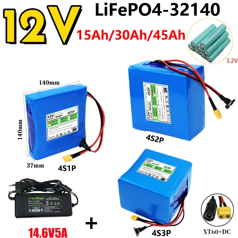 12V15Ah 30Ah 45Ah 32140 Lifepo4 Battery Pack with BMS for 12.8v Electronic Tools Audio Toys Car Camping UPS Solar Light+14.6V 5A
