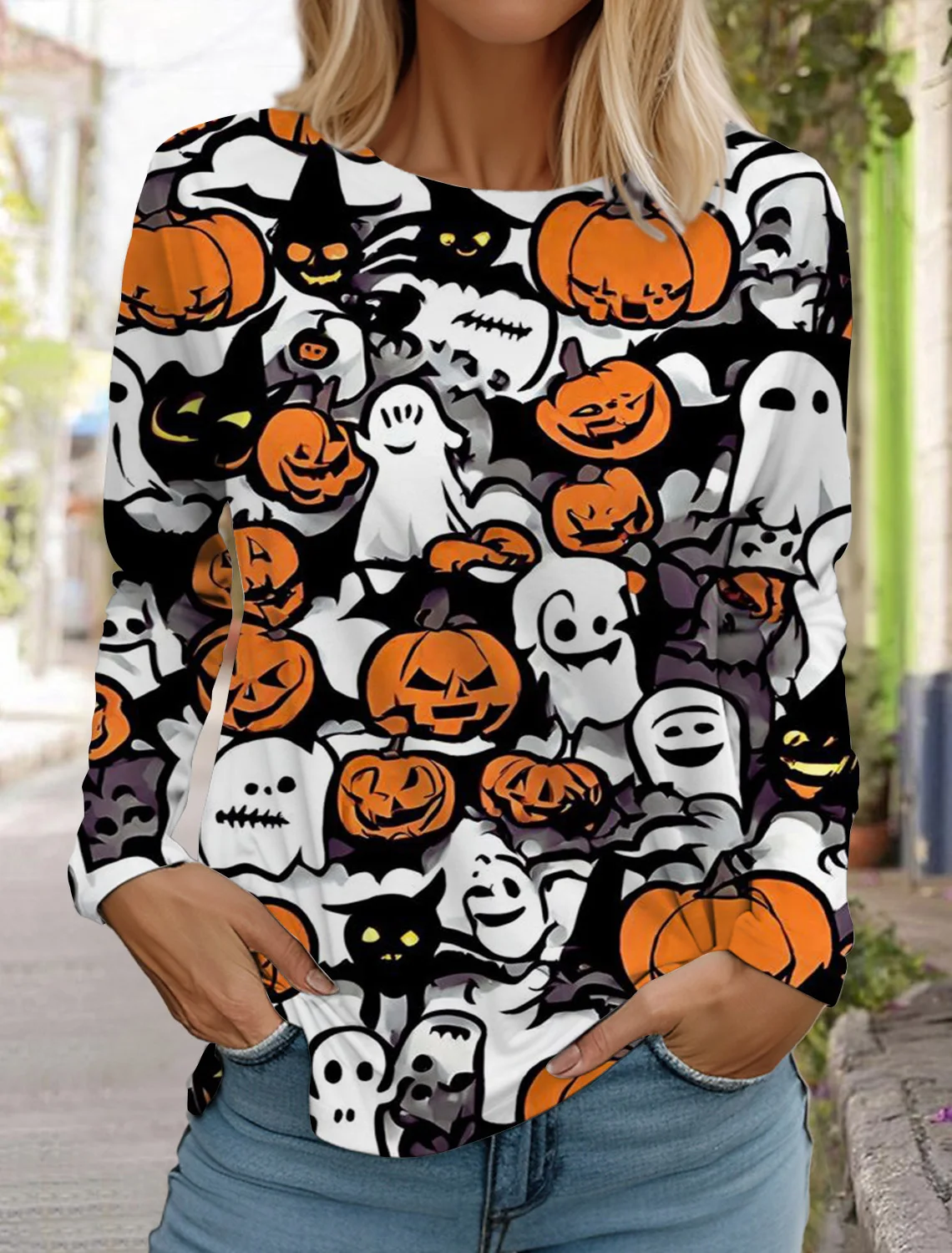 2024 Halloween damska koszulka z długim rękawem śliczna głowa dyni 3D wzór T Shirt moda jesienna top damski pulower w stylu Harajuku odzież