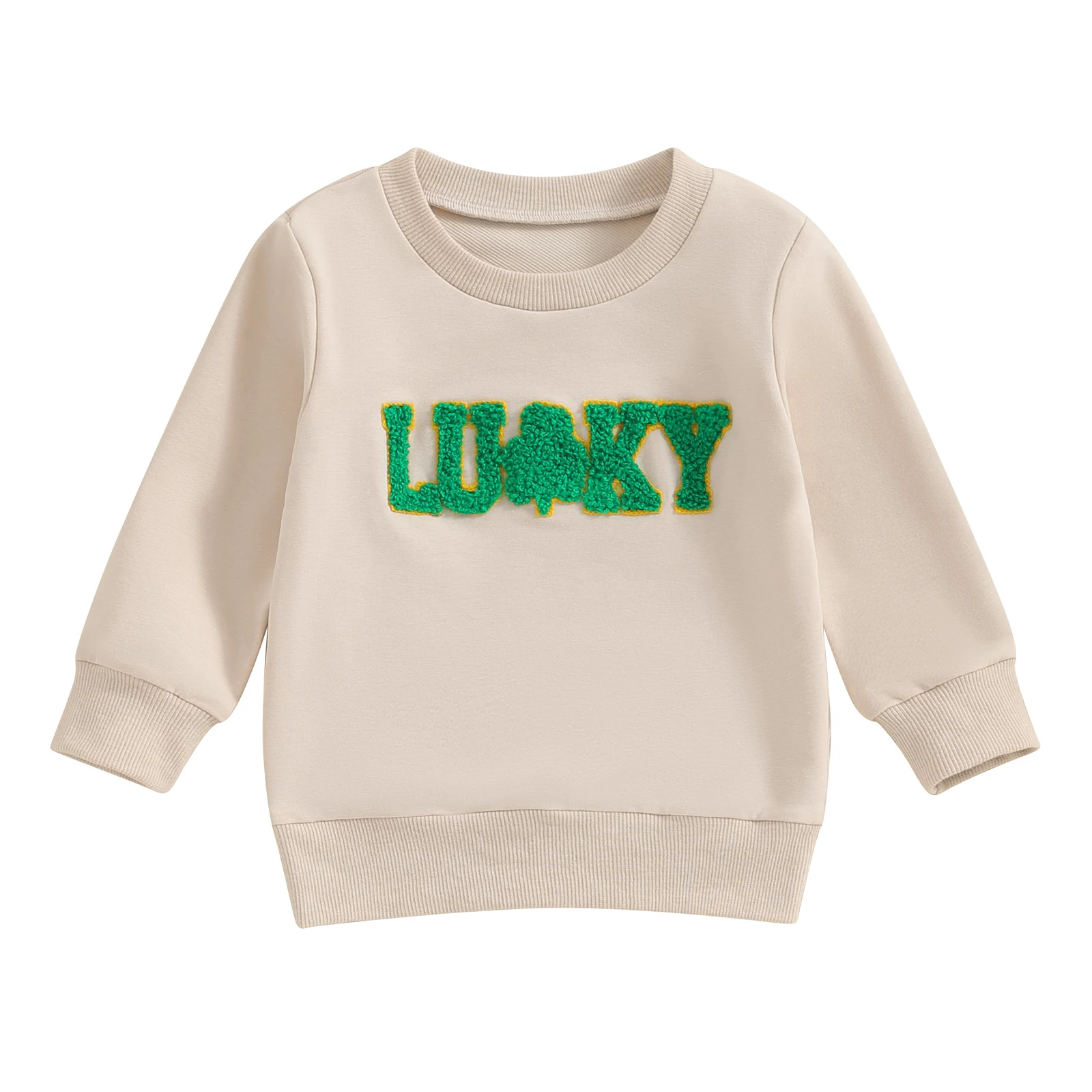 

Baby Boys Girls Sweatshirts Fuzzy Shamrock Letter Embroidery Long Sleeve Round Neck Pullovers