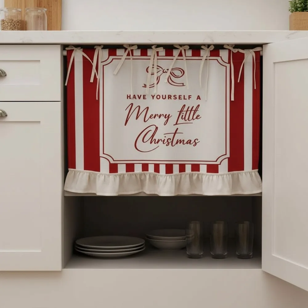 Lace-up Design Christmas Oven Curtain Decorative American-style Kitchen Stove Curtain Red and White Ruffled Edge Oven Skirt