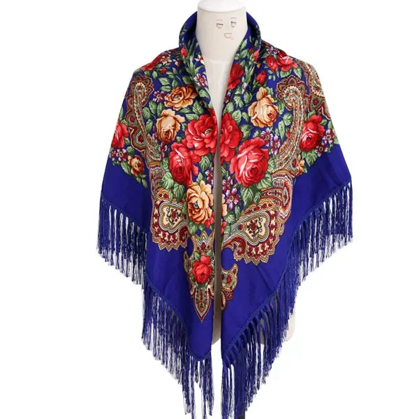 

Russian Cloak Large Flower Printed Generous Scarf Women's Shawl Warm Autumn Winter multi-function Scarf Ponchos Capes Blue