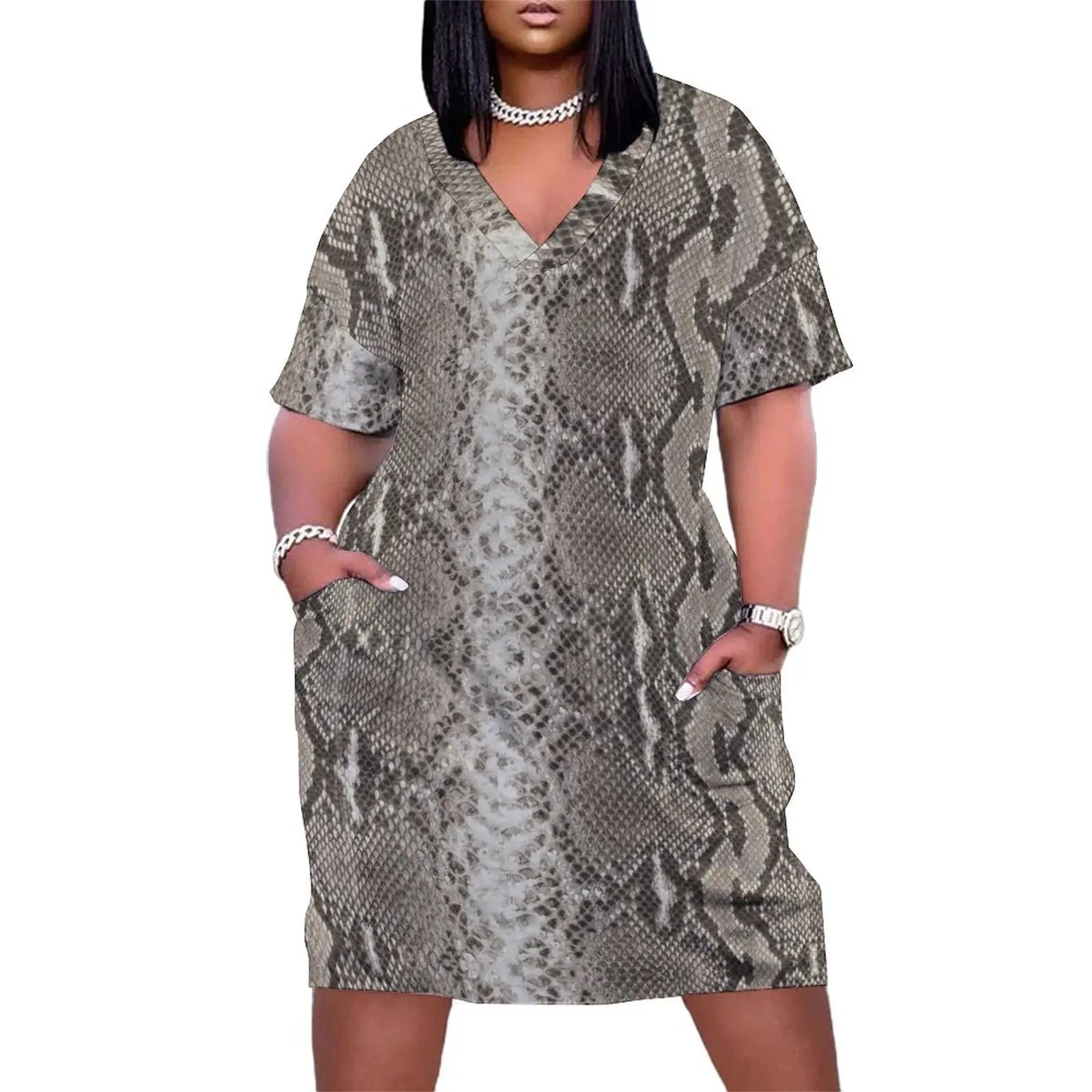 

Snakeskin Python Loose Pocket Dress Woman clothing Party dresses