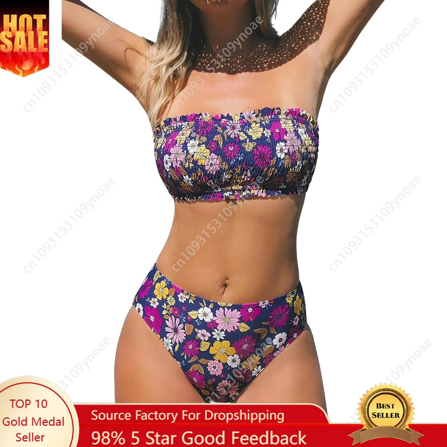 

Retro floral bikini Sexy women bandeau swimsuits Pleated bra breast pads Backless straps Low waist thong two piece swimsuit