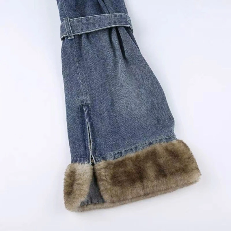 Women Punk Furry Spliced Jeans Leg Warmer Flared Boot Covers with Metal Buckled