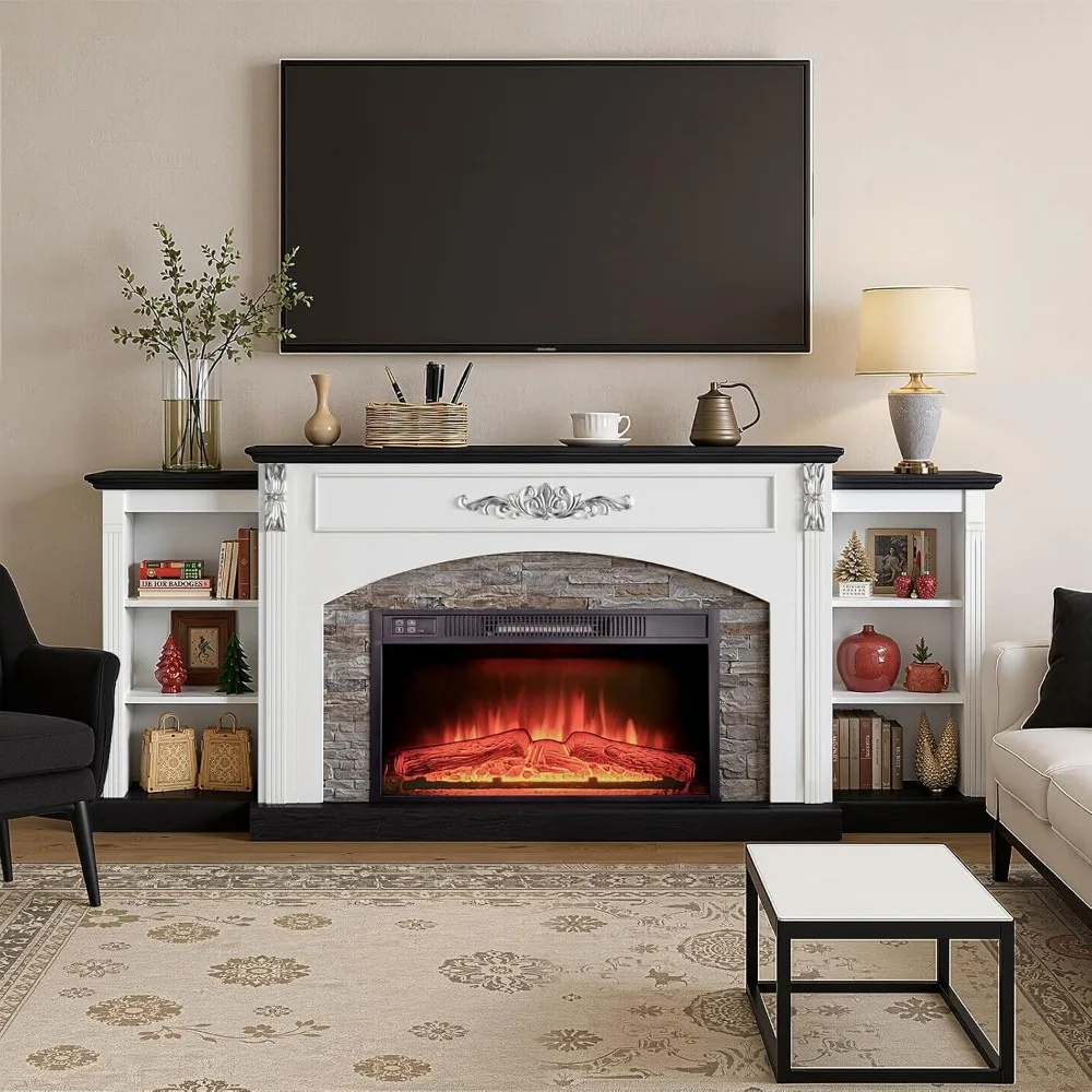 90 Inch TV Electric Fireplace with Mantel, 30 Inch Insert Heater for Living Room, White