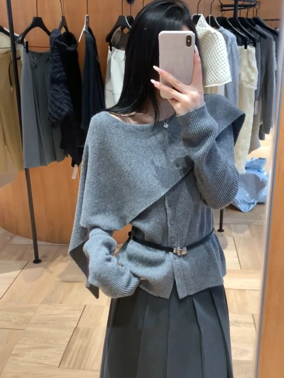 

Unique Grey Knitted Shawl Women's Style Simple Lazy Fashion Cowl Neck Long Sleeve Casual Top for Autumn Winter Season