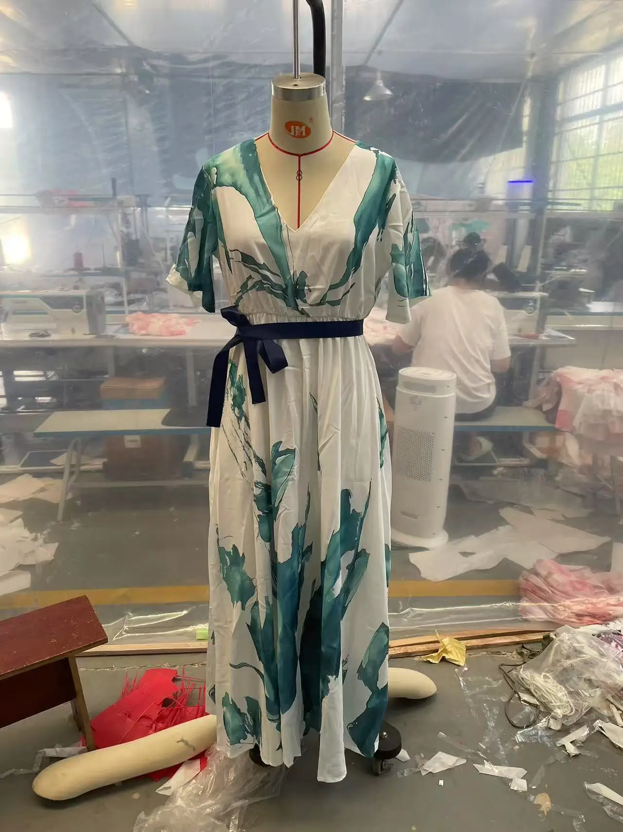 새로운 여성 드레스 반팔 하이웨이스트 슬림 우아한 잉크 프린트 레이스업 패션 이브닝 드레스