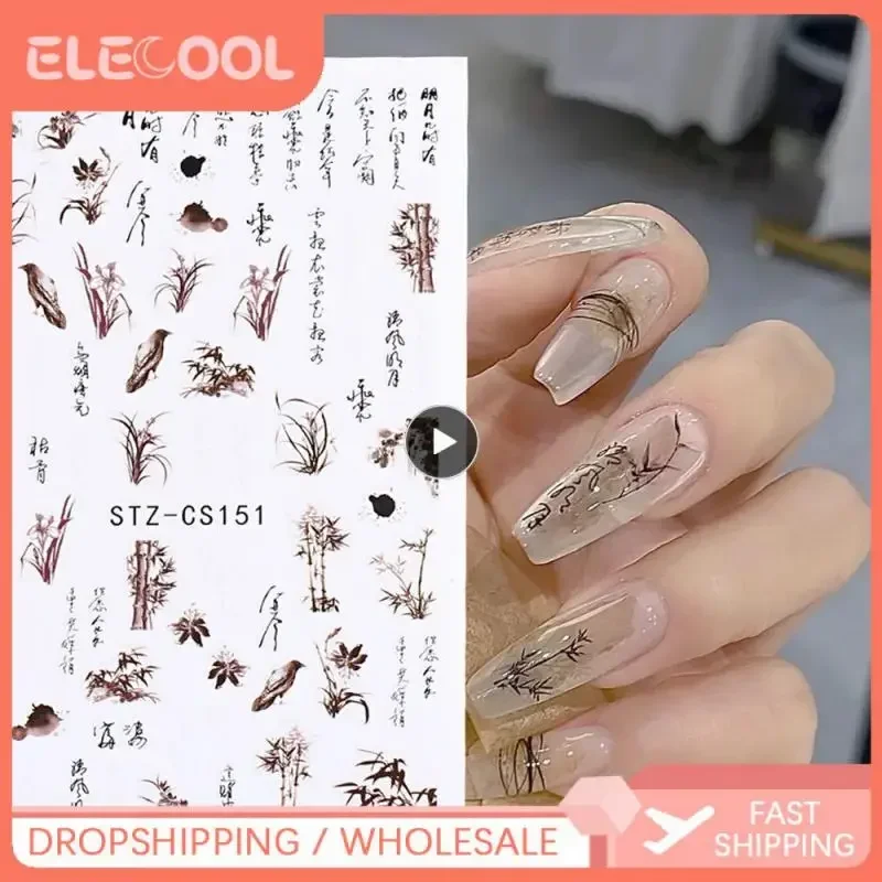 Chinese karakter nagel sticker inkt bloem blad voor nagels Engelse letters sticker Japanse manicure ontwerp accessoire GLCS153