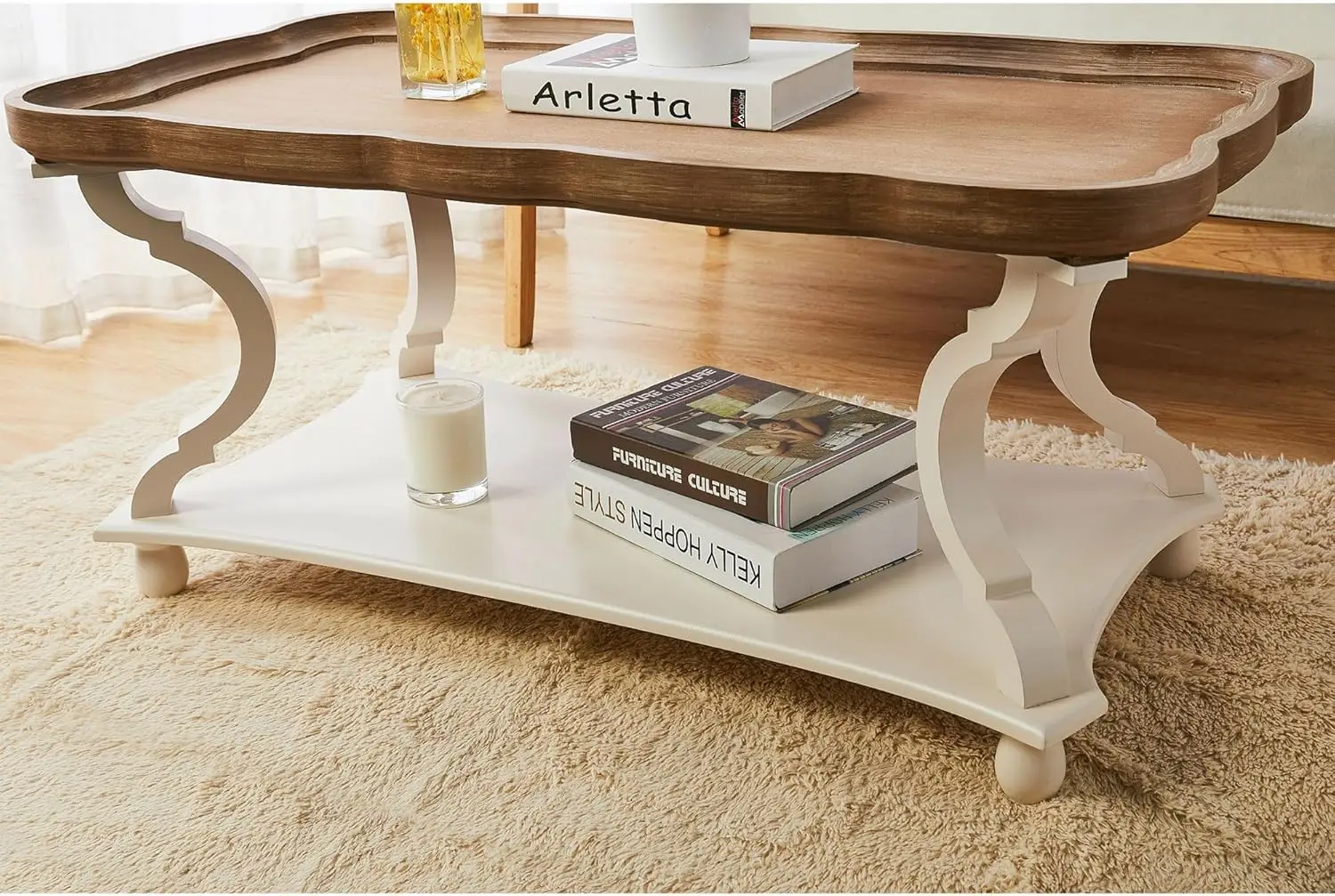 โต๊ะกาแฟสไตล์โมเดิร์นรัสติกฟาร์มเฮาส์คอทเทจคอร์ - ท็อปถาดไม้ธรรมชาติพร้อมงานตกแต่งแบบแฮนด์เมด โต๊ะข้างโซฟาสำหรับครอบครัว