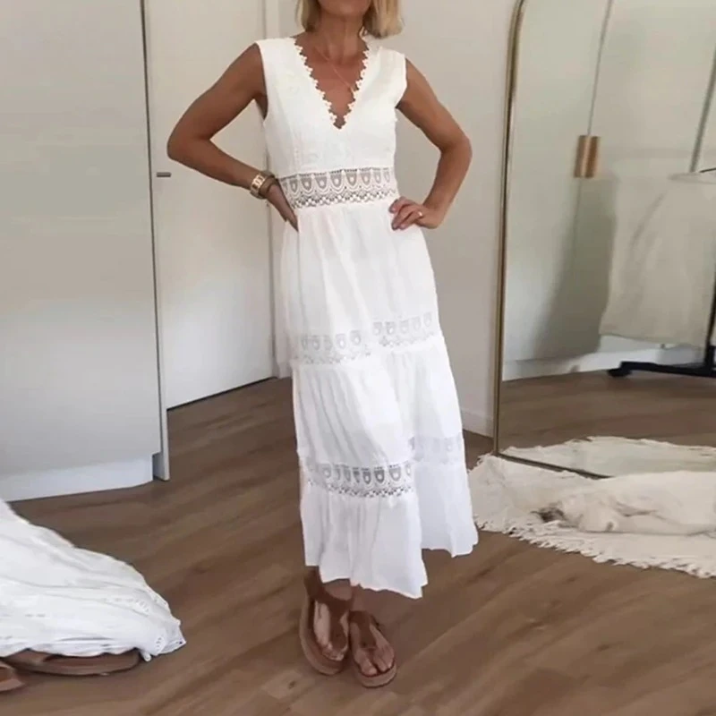 Mode Jacquard Kant V-hals Vrouwen Jurken Gehaakte Gesplitste Hol Sexy Effen Jurken Zomer Mouwloze Borduren Galajurk