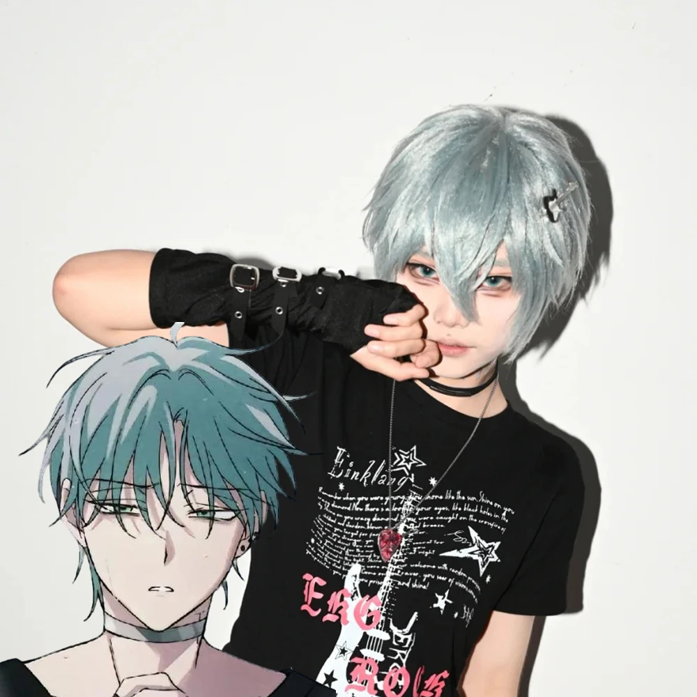 Anime Alien Stage Till Cosplay Wig Men Women Cyan Gray Short Hair Heat Resistant Synthetic Wig Halloween Party Prop
